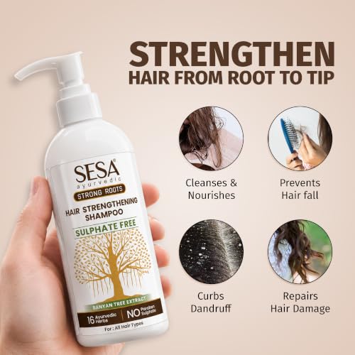 Image of Sesa Ayurvedic Strong Roots Hair Strengthening Shampoo, 300 ml With Banyan Tree Extract & 16 Ayurvedic Herbs | Sulphate & Paraben Free | For Weak, Dull, Breakage-Prone Hair | All Hair Types