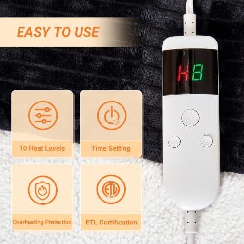 Image of Heated Blanket Electric Throw, Soft Flannel Heating Blanket with 8 Hours Auto Off 10 Fast Heating Levels Machine Washable Sherpa Heated Blanket with Overheating Protection