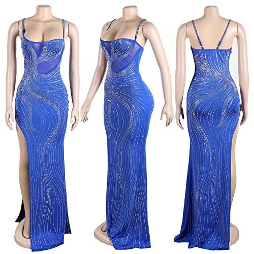 Image of Jigfar Women Sexy Elegant Rhinestone Mesh See Through Party Club Night Split Bodycon Formal Maxi Dress