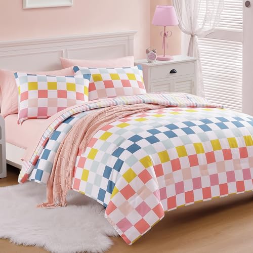 Image of Full Size Comforter Sets for Girls-7 Pieces Soft Full Size Bedding Sets | Bed in A Bag Colorful Checkered Printed Comforter with Pillowcases & Shams, 76 inch X 86 inch