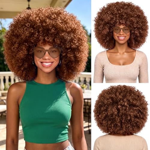 MEEZY Brown Curly Afro Wig Heart Sunglasses for Women Men Large Fluffy Funny Disco Afro Wigs Short Party Synthetic Hair with Bangs Hair Net 70s Outfits for Women Bachelorette Party Night Club