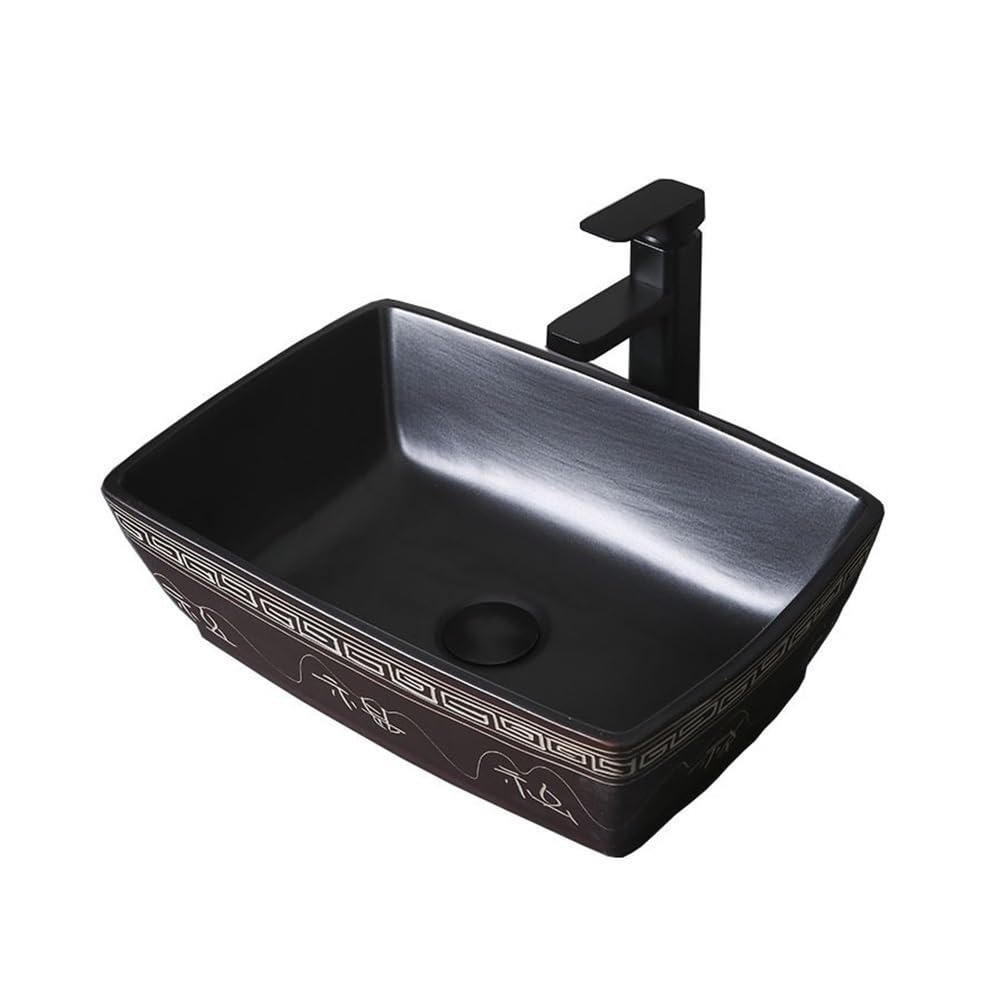 Kx9lb8d One Color Bathroom Vessel Sink Ceramic Bathroom Sink, Black 47 * 32 * 15Cm Above Counter Vessel With Faucet And Drain Set, Rectangle Vanity Basin