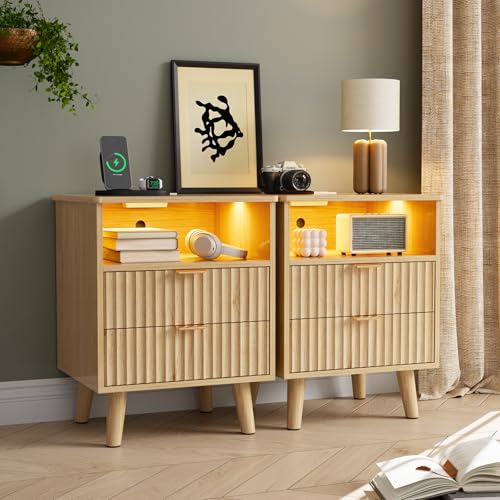 AOGLLATI Fluted Nightstand Set of 2 with Charging Station, LED Nightstand with 2 Drawers and Open Storage Cubby, Modern Bedside Table with LED Lights & Metal Handle for Bedroom