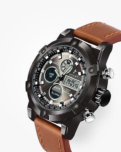 Sylvi Analogue-Digital Luxury Black Dial Leather Strap Multi-Functional Casual Business Calendar Wrist Watch for Men and Boys, Pack of 1 - SY3022 (Image - 3)