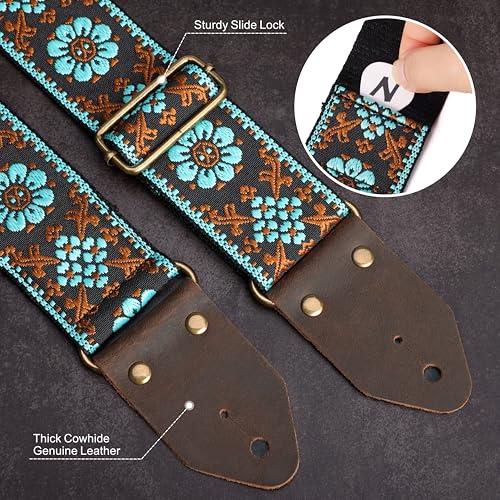 Image of Nefelibata Guitar Strap,Jacquard Embroidery Cotton Guitar Straps with Crazy Horse Leather Ends for Bass, Electric & Acoustic, Best Gifts for Kids, Guitarists(Blue flower embroidery)