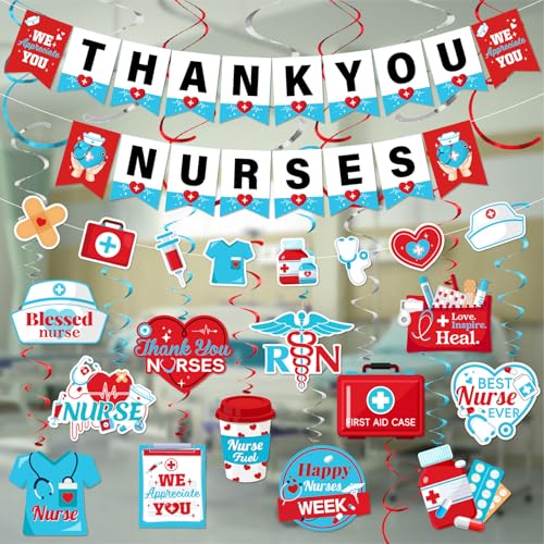 Happy Nurses Week Banner Nurse Week Decorations Thank You Nurses Banner with We Appreciate You Hanging Swirls Streamers Nursing Graduation Party Supplies for Nurse Day CNA/CRNA/RN Nursing School