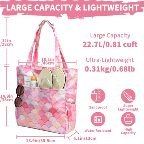 Image of Kasqo Beach Tote Bag for Women, 22L Waterproof Sandproof Medium Packable Travel Bag with Zipper for Pool Gym Shopping