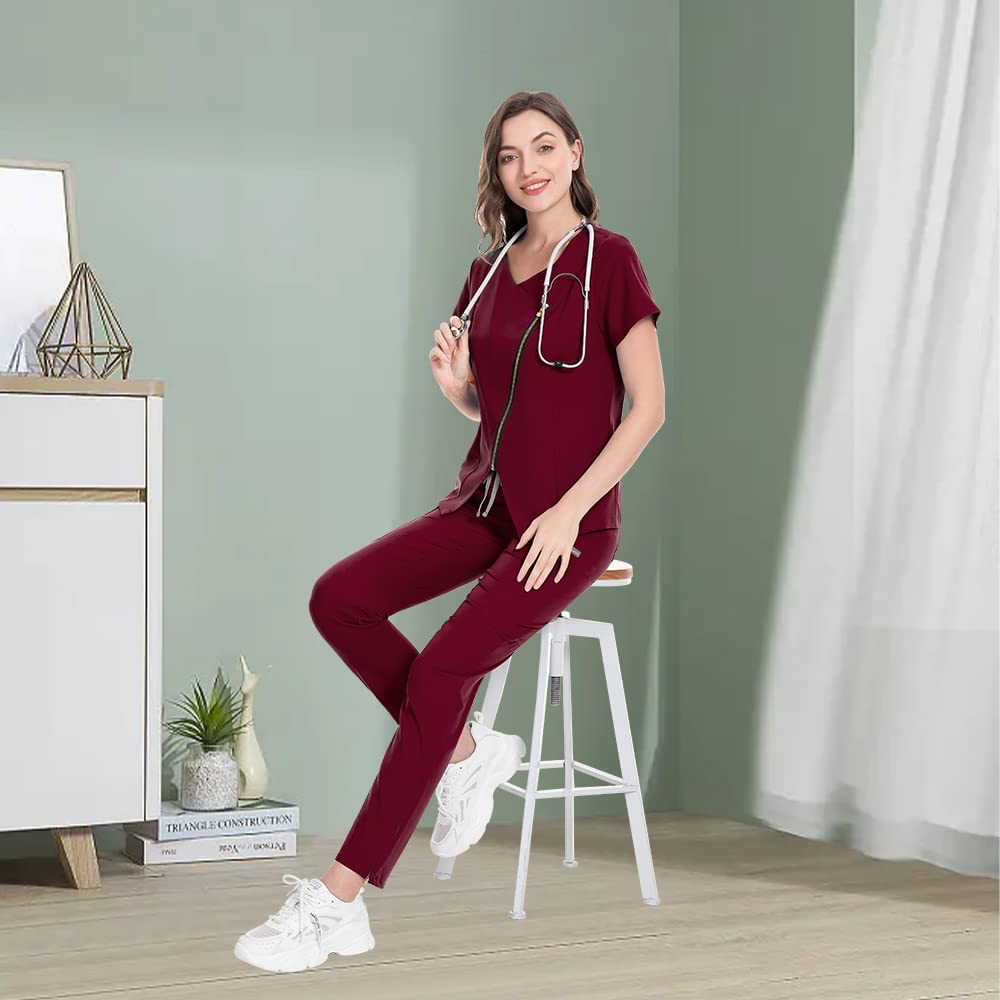 niaahinn Scrub for Women Medical Uniform Scrub Top & Jogger Pants Women Scrub Suit (Burgundy,M,Medium)