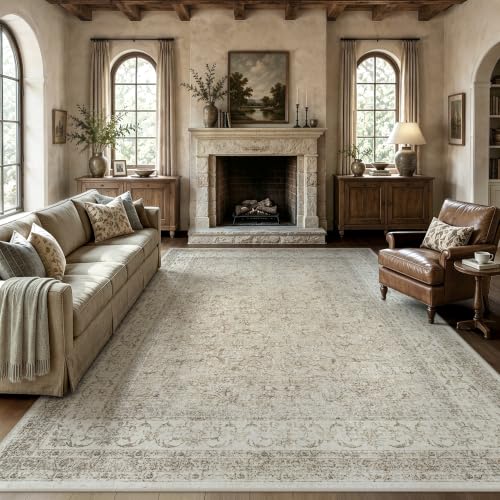 Washable 8x10 Area Rugs for Living Room, Vintage Bedroom Neutral Rug, Beige