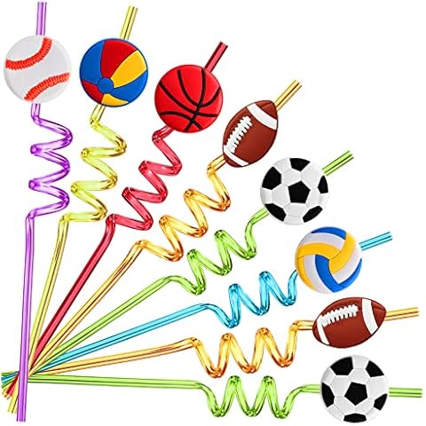 24 Sports Party Favors Basketball Football Baseball Soccer Tennis Volleyball Foam Balls Drinking Straws Goodie Gifts for Kids Party Supplies with 2 PCS Cleaning Brushes Cover