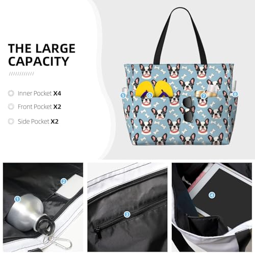 Large Beach Bags for Women Sandproof - Cute French Bulldog Print Q Summer Work Travel Tote Bags with Zipper3