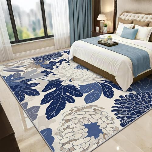 Tapis antidérapant bleu et blanc lavable pour protéger le sol du salon