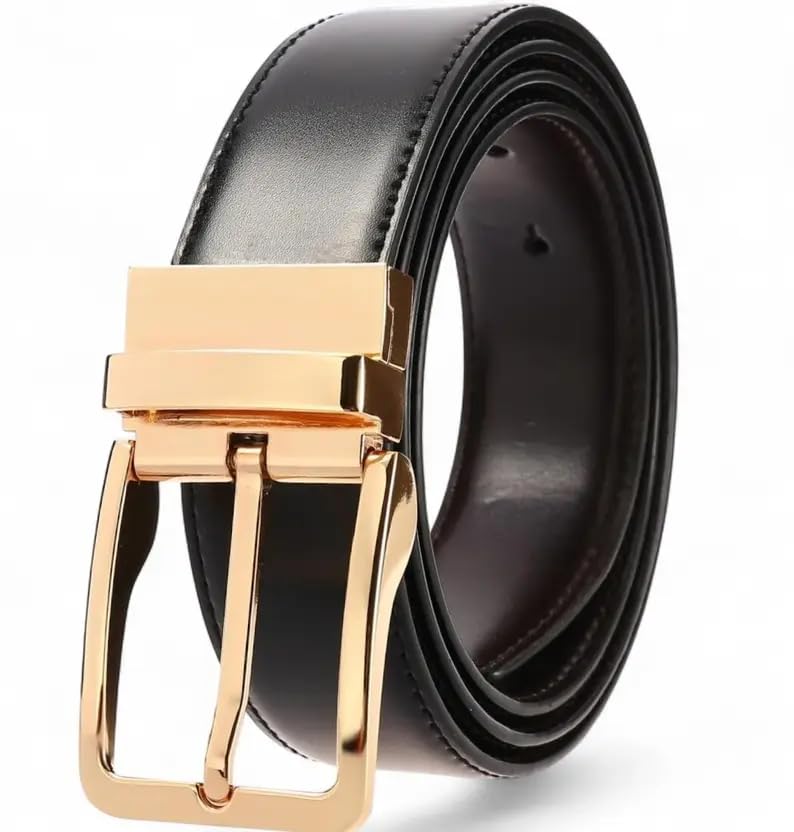 Men's Reversible Leather Belt with Classic Buckle, Black and Brown-picture-54