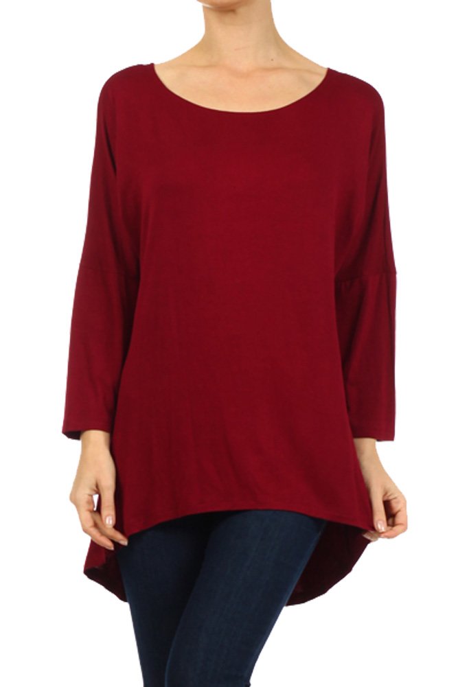 VIV Collection Women's Solid Colors Tunic Dressy Dolman Top with Unbalanced Hem Line Bat Wing Sleeve