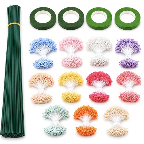 1144pcs Pipe Cleaner Flower Accessories Kit Pipe Cleaner Flower Supplies with 11 Colors Flower Stamens 40 Floral Stems and Green Floral Tape for DIY Chenille Stem Flowers Handmade Bouquet Crafts