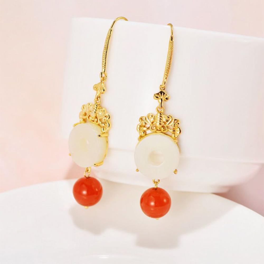 S925 Silver Gold-Plated Natural White Jade Peace Buckle Tassel Earrings for Women Yoga Genuine