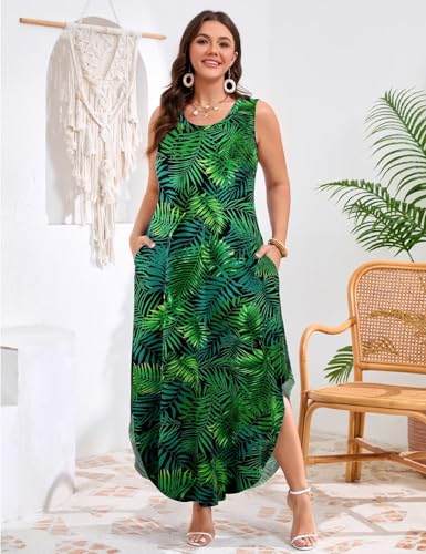 Image of JollieLovin Women Plus Size Summer Tank Maxi Dresses Sleeveless Causal V Neck Beach Long Dresses Swim Cover up (L-5X)