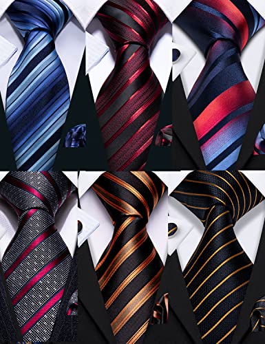 Image of Barry.Wang 6 PCS Men Ties Set Silk Business Fashion Woven Necktie Handkerchief Cufflinks Paisley Stripe Wedding Party