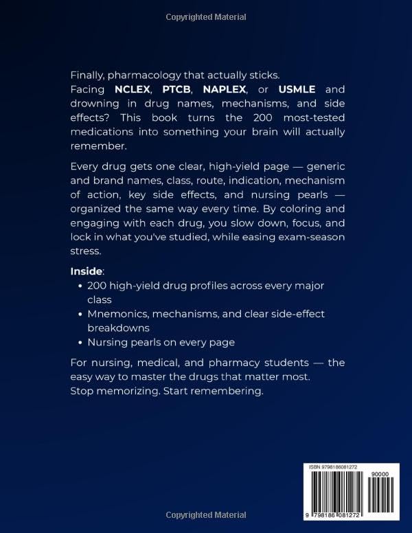 Top 200 Drugs Coloring & Study Guide - The Easy Way to Master Pharmacology: High-Yield Profiles with Mnemonics, MOA, Side Effects & Dosages for ... & Pharmacy | NCLEX, PTCB, NAPLEX & USMLE image 3