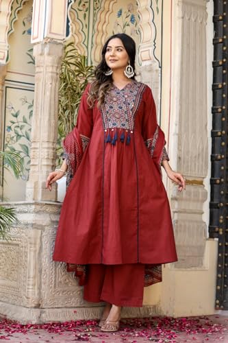 Image of Stylum Women's Ajrakh Printed Cotton A-Line Kurta Pant Dupatta Set