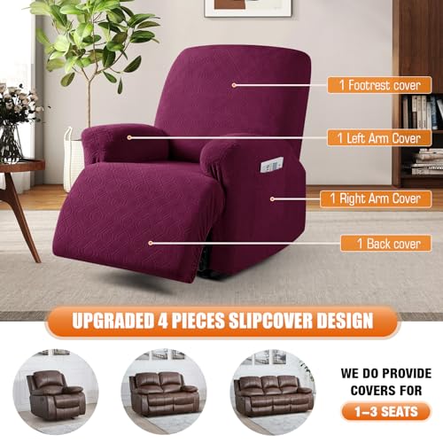 Image of VANSOFY Oversized Recliner Chair Cover, 4-Pieces Stretch Recliner Covers for Recliner Chair Soft Reclining Chair Slipcover Jacquard Pattern Furniture Protector for Dogs Cats(Burgundy)