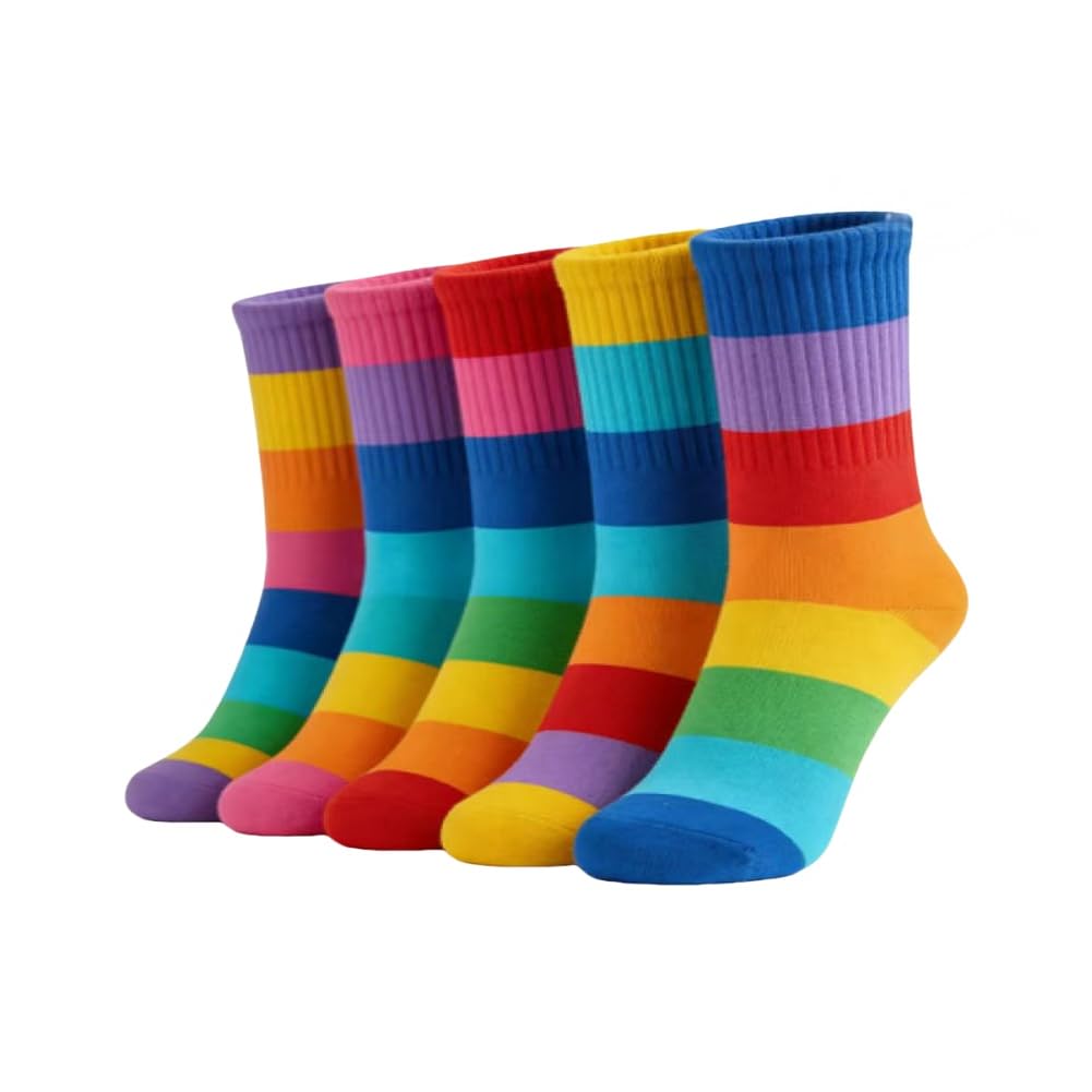 AKAMAS 5 pares de calcetines de ocio a rayas coloridos para niños y niñas, calcetines deportivos con patrón de rayas de arco iris para niños