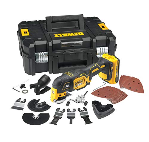 DeWalt Narzędzie wielofunkcyjne/narzędzie wielofunkcyjne (akumulator 18 V, 2,0 Ah, bezszczotkowa lampa robocza LED, system Airlock, w zestawie 35-częściowy zestaw akcesoriów, 2 akumulatory, szybka ładowarka i TSTAK Box II) DCS355D2
