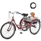 VIRIBUS Adult Tricycle, 7 Speed Tricycle for Adults with Lock & Dual Chains, 3 Wheel Bikes for Adults, Adult Tricycles for Women Men Seniors, Adult Trike, 24 26 inch Three Wheel Bikes 400 lb. Red