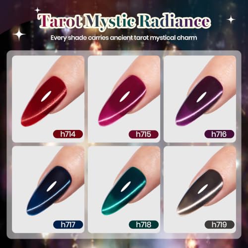 Image of Beetles Cat Eye Gel Nail Polish Set, Tarot Reverie 6 Colors Fall Nail Gel | Glitter Gel Nail Kit Ruby Red Pink Purple Navy Blue Emerald Green Black Magnetic With Magnet Soak Off UV Gift for Women