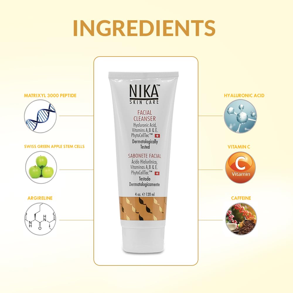 NIKA SKIN CARE - Facial Cleanser with Hyaluronic Acid, Vitamin A, B & E, Aloe Vera, Retinol, and Swiss Apple Stem Cells - Day & Night