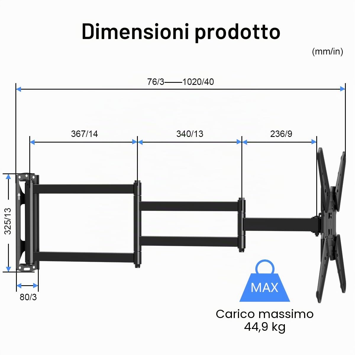 suptek Supporto da parete per TV con braccio di estensione da 1020 mm, adatto alla maggior parte dei televisori da 26-65 pollici, girevole e inclinabile fino a VESA 400 x 400 mm, portata 40 kg, A1L
