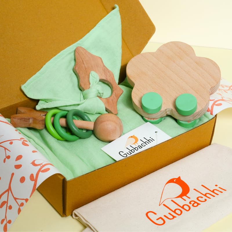 Image of Baby Gift Set - Bageecha | Newborn Gift Set with Muslin Swaddle, Wooden Rattle, Rolling Toy & Neem Wood Teether | 3 Months+ | Handmade in India | Non Toxic Baby Gift