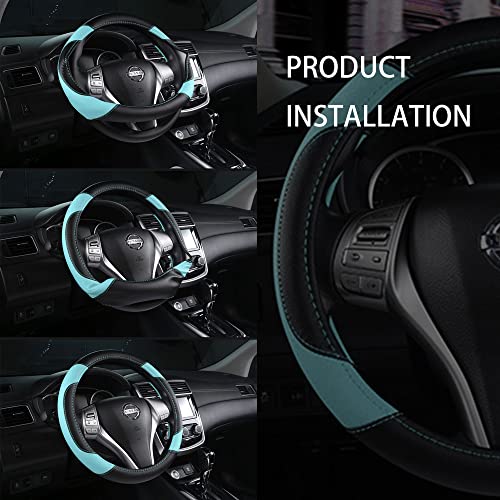 Image of Leather Car Steering Wheel Cover, Non-Slip Car Wheel Cover Protector Breathable Microfiber Leather Universal Fit for Most Cars (Blue)