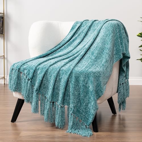 PAVILIA Teal Chenille Throw Blanket for Couch Sofa, Soft Turquoise