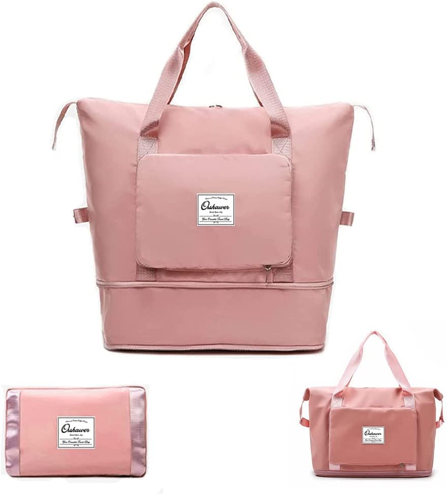 Image of HAKKU Large Capacity Folding Travel Tote Bag, Oxford Fabric Waterproof Lightweight Foldable Travel Duffel Bag Portable Expandable Travel Bag, Dry and Wet Carry On Bag (Modern, Peach)