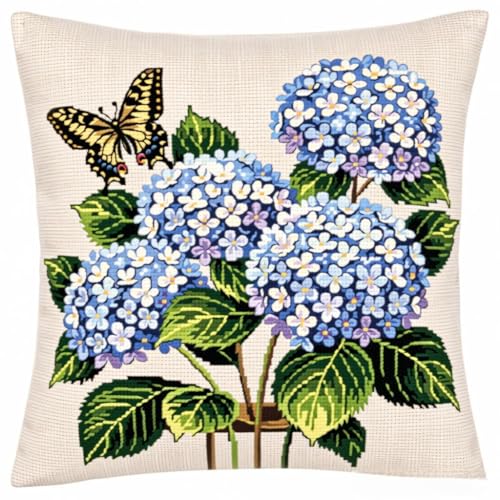 XvvwEndlessx Kit CojíN Punto De Cruz ImpresoHortensia Y Mariposa 9DIY Manualidades Adultos Decoracion Bordar Kit Principiantes Completo 11Ct 17.7 * 17.7In