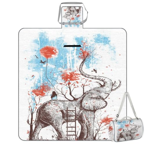 Shimoshe Picnic Blankets 57”x 59”, Art Painting Elephant Waterproof Sandproof Picnic Mat Lightweight Foldable Beach Blanket for Camping Park Grass Beach Outdoor Blanket