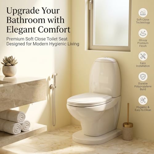Image of Elegant Casa Polypropylene Soft Close Toilet Seat Cover | Western Commode Lid for Bathroom & Toilet | Stable Hinges | Cascade Shape | Glossy White | Durable Hygienic Seat | Easy Installation | 1 Set