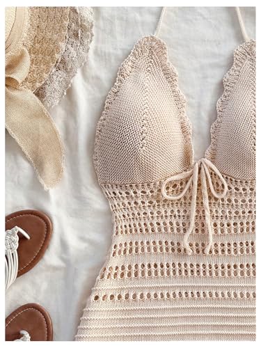 GORGLITTER Women's Crochet Halter Mini Dress Bow Backless Bodycon Knit Dresses Summer Festival Outfits3