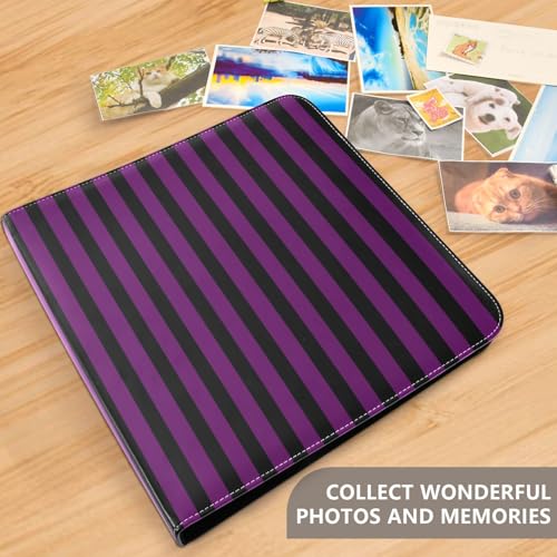 Álbum de fotos DIY con adhesivo, cubiertas de cuero PU rayas negras y moradas, encuadernación de 3 anillos, 40 páginas, 8x10 para recuerdos miniatura 5