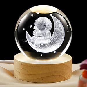 3D Moon Crystal Ball Lamp with Dimmable LED and Wooden Base, Night Light for Kids Teens Adults, Home Desk Office Bedroom Decor, Birthday Gift (2.4”/ 6cm)