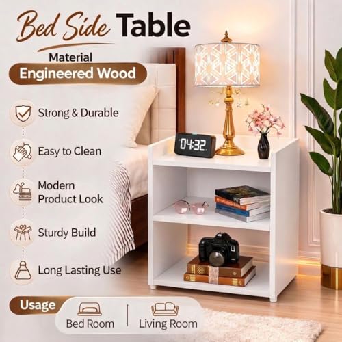 Image of SPYDER CRAFT 2 Tier Engineered Wood Bedside Table for Bedroom|Wooden Modern Side Tables for Bedroom|Side Table for Bed Room|Corner Table for Bed Room Finish Color -White, DIY(Do-It-Yourself)