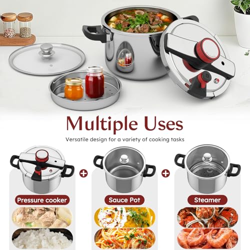 Image of BreeRainz 304 Stainless Steel Pressure Cooker 8.45QT | 3-Stage PSI Settings,One-Hand Locking,Pressure Pot with Extra Glass Lid, Timer,Steaming Rack,Induction Compatible