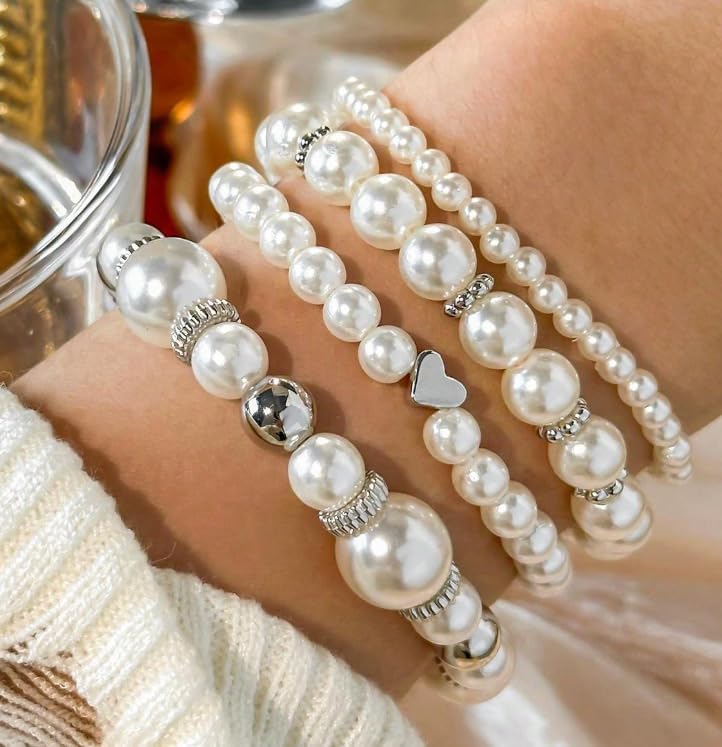 Simulated Pearl Bracelet for Women Stretch Stackable Pearl Beaded Bracelet Adjustable Elastic Heart Wedding Pearls Bangles Jewelry - Image 2