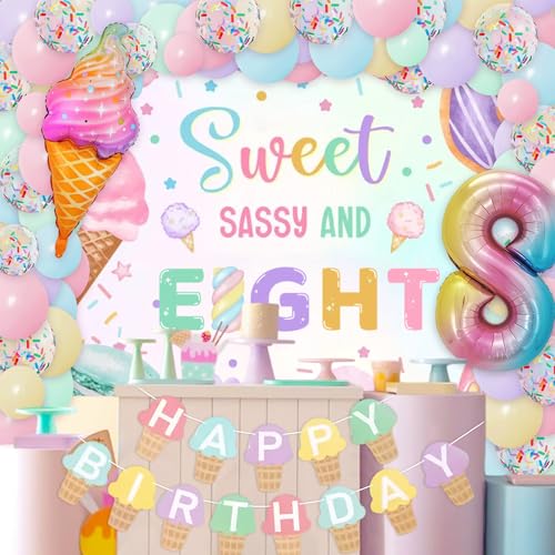 Image of Sweet Sassy and Eight 8th Birthday Decorations for Girls Ice Cream Balloon | 8 Year Old Birthday Decorations Girls Sweet Sassy and Eight Backdrop 8 Balloons Ice Cream Banner 8th Birthday Party Supplies