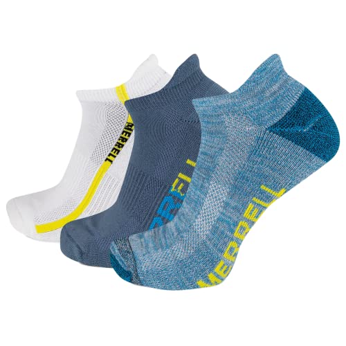Merrell Men's And Women's Recycled Lightweight Cushion Low Cut Tab Socks-3 Pair Pack-Hiking Arch Support, Blue Assorted, Medium-Large #TOP18