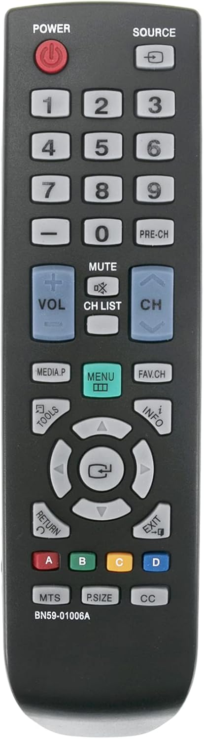 Front view of the PERFASCIN BN59-01006A remote control, showing all buttons and their labels.