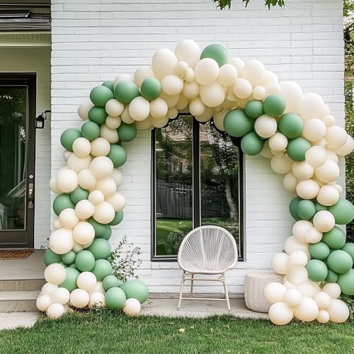 Image of RUBFAC 129pcs Vintage Green Balloons Different Sizes 18 12 10 5 Inches Sage Green Latex Balloon Garland Arch for Masquerade Party Decorations Birthday Baby Shower Wedding Party Supplies