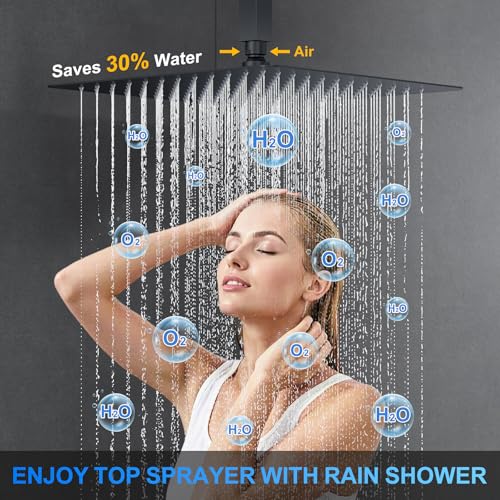 Image of Shower Faucet Set, 12 inch Ceiling Mount Rainfall Shower System with 12'' Top Head+6'' Side Head and Multi-function Handheld Head Push Button Diverter Shower Faucet Trim Kit (12 inch, Matte Black)