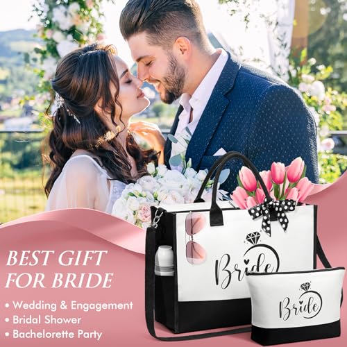 Image of MAYICIVO Bridal Shower Gifts for Bride, Bride to Be Gifts Wedding Engagement Bachelorette Party Gift for Brides Congratulation Honeymoon Gift Set - Canvas Beach Tote Bag & Makeup Bag